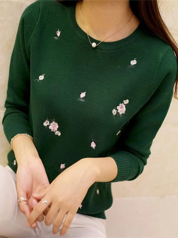 Embroidered Floral Wool Blend Sweater