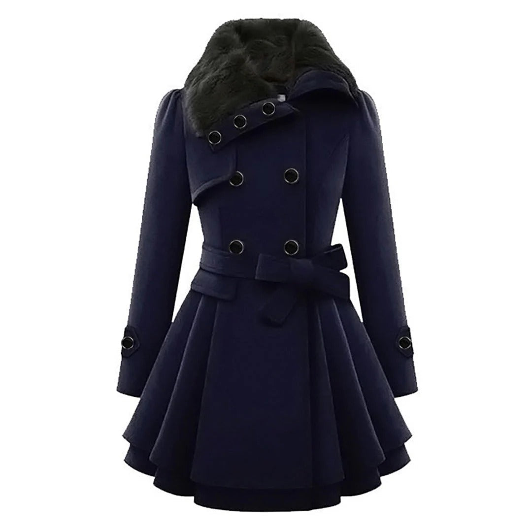 Double-Breasted Faux Fur Collar Wool Coat