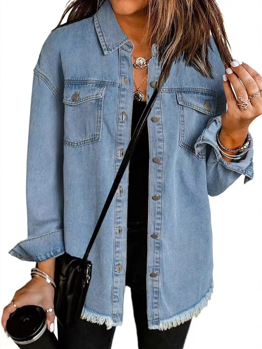 Frayed Hem Relaxed Fit Denim Jacket