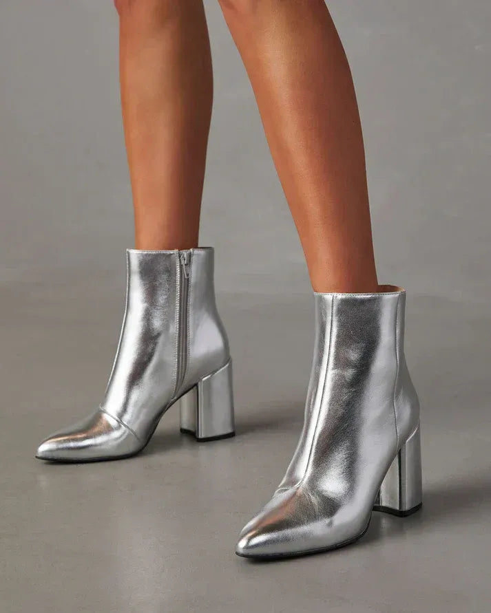 Pointed Toe Flared Block Heel Ankle Boots