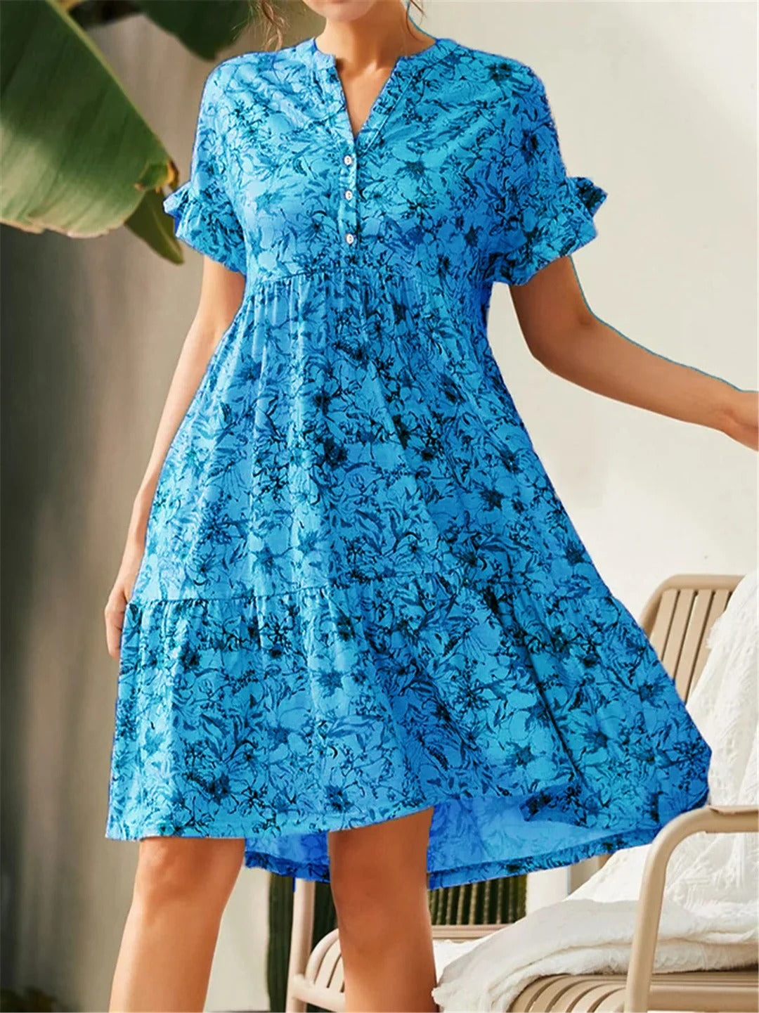 Floral Print Cotton Blend Tiered A-Line Dress