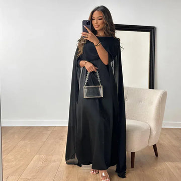 Cape Sleeves High Neck Flowing Maxi Dress