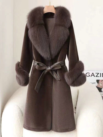Fur-Trimmed Self-Tie Wrap Long Coat