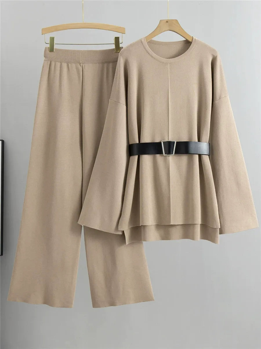 Knit Flared Sleeve Wide-Leg Two-Piece Suit