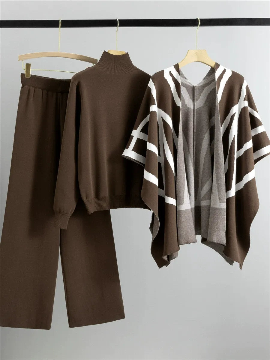 Three-Piece  Set Geometric Pattern Knitted Shawl Cape