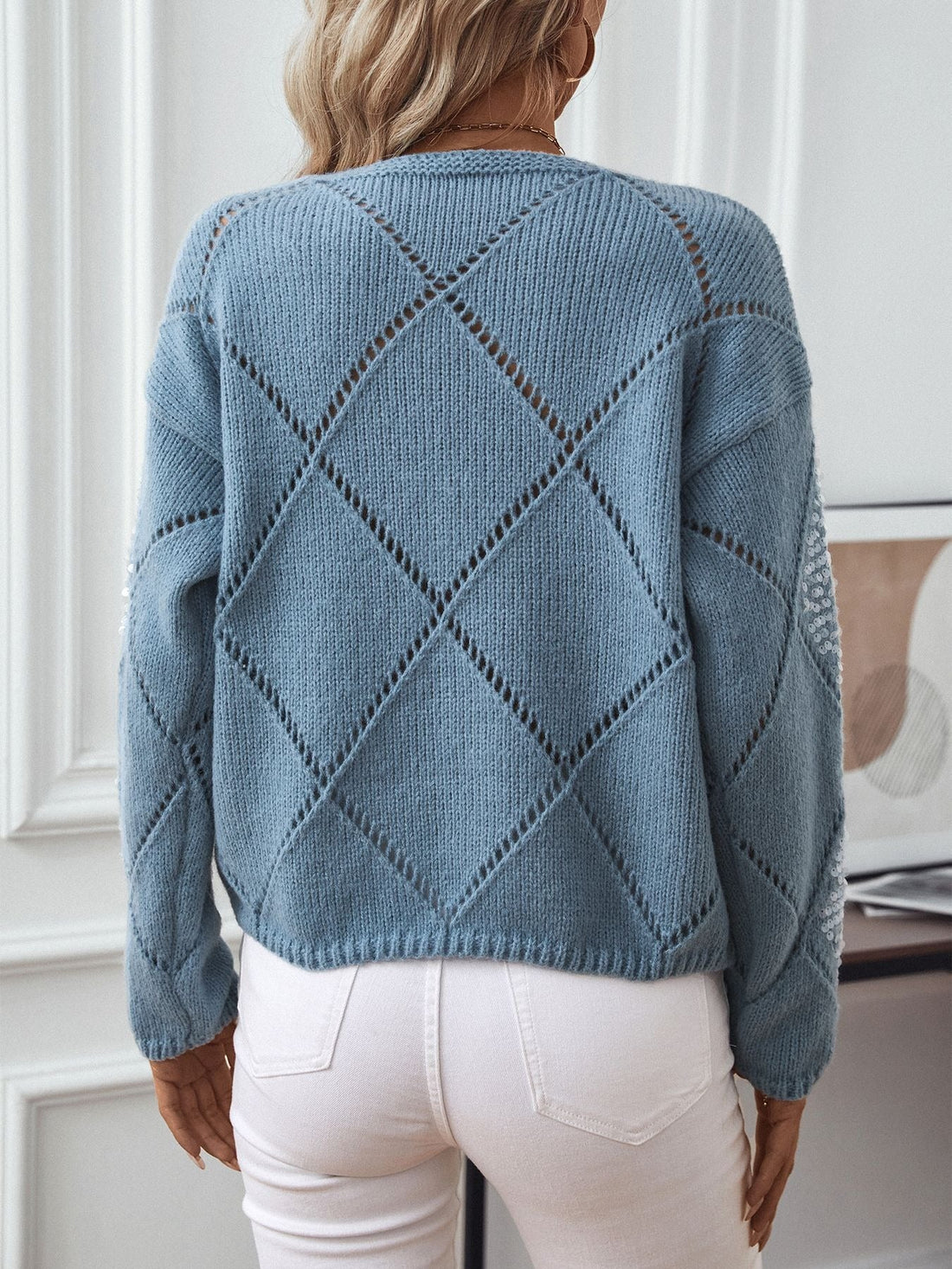 Diamond Openwork Sequin Sleeve Knitted Sweatshirt
