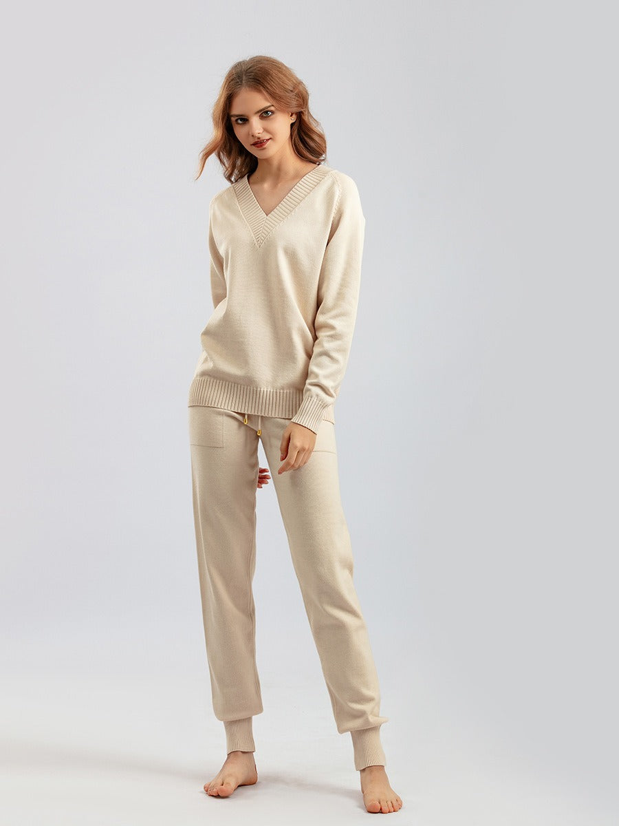 Ribbed Trim Relaxed Fit Knit Lounge Set
