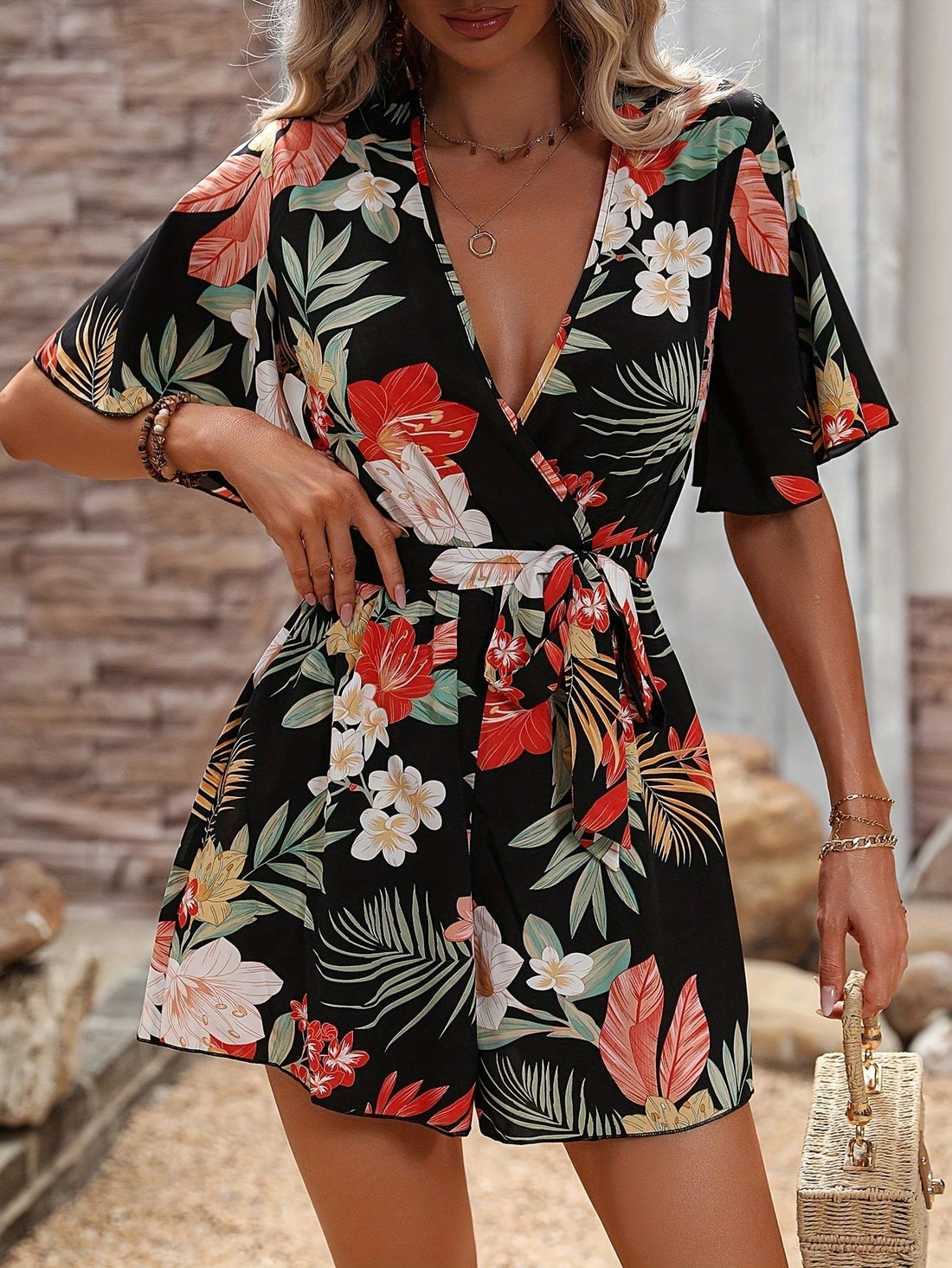 Ruffled Floral Print Cotton Blend Romper