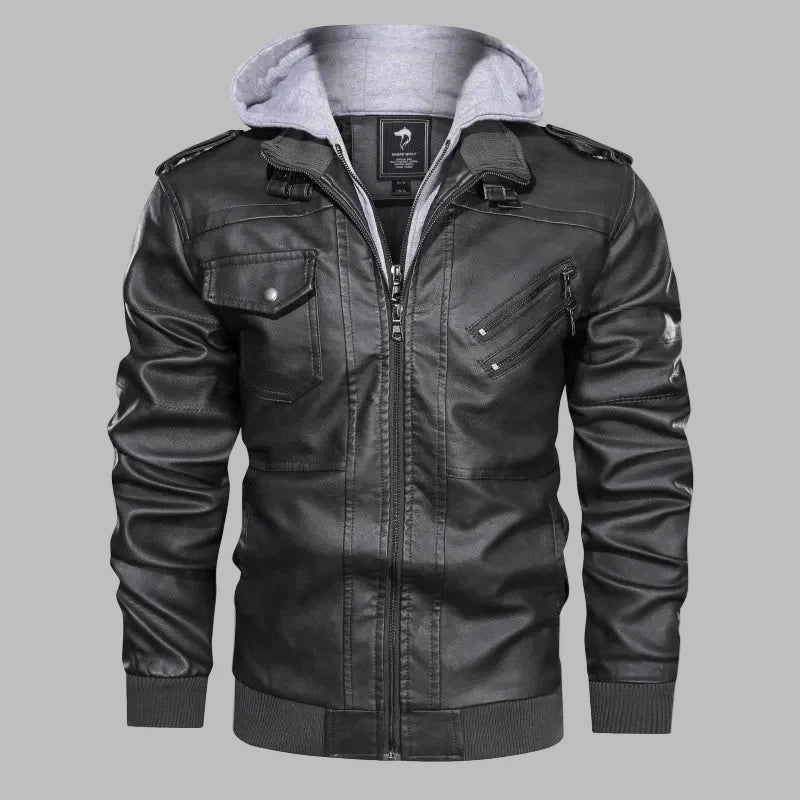 Detachable Hood Structured Fit Leather Jacket