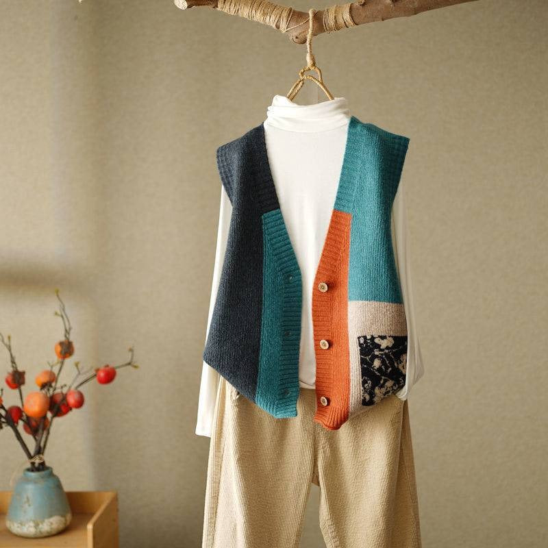 Knit Blend Loose Fit Patchwork Vest