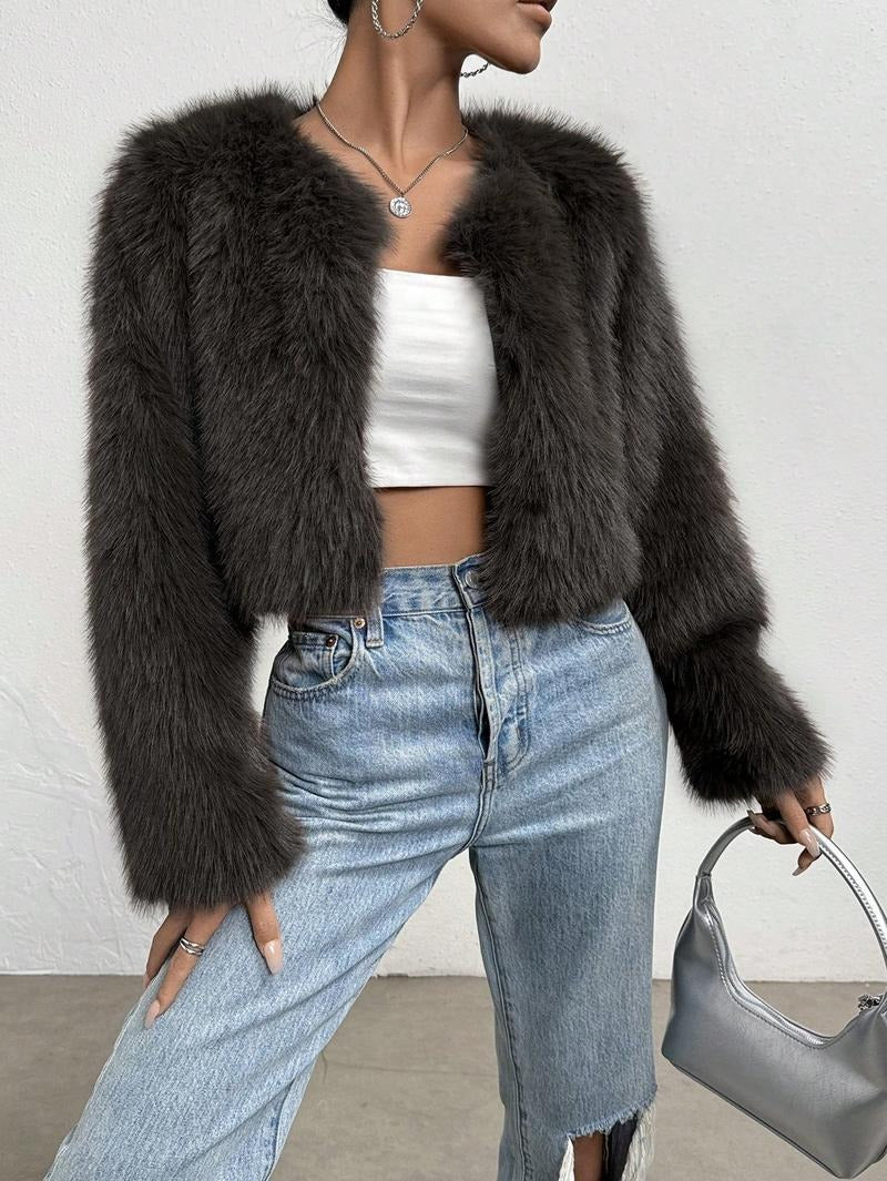 Faux Fur Cropped Collarless Coat