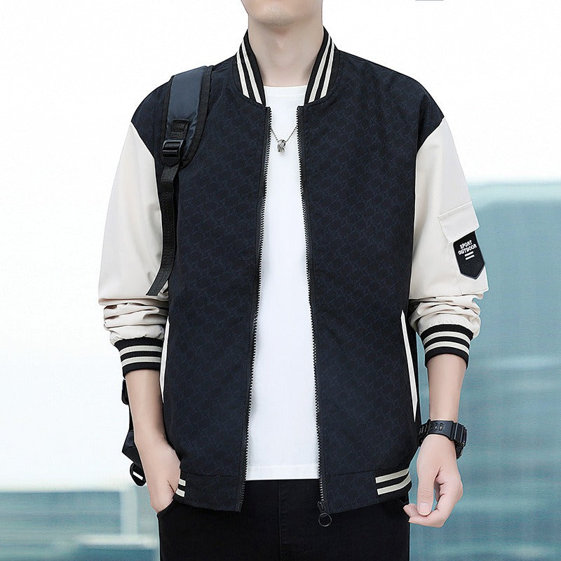 Two-Tone Ribbed Trim Baseball Collar Jacket