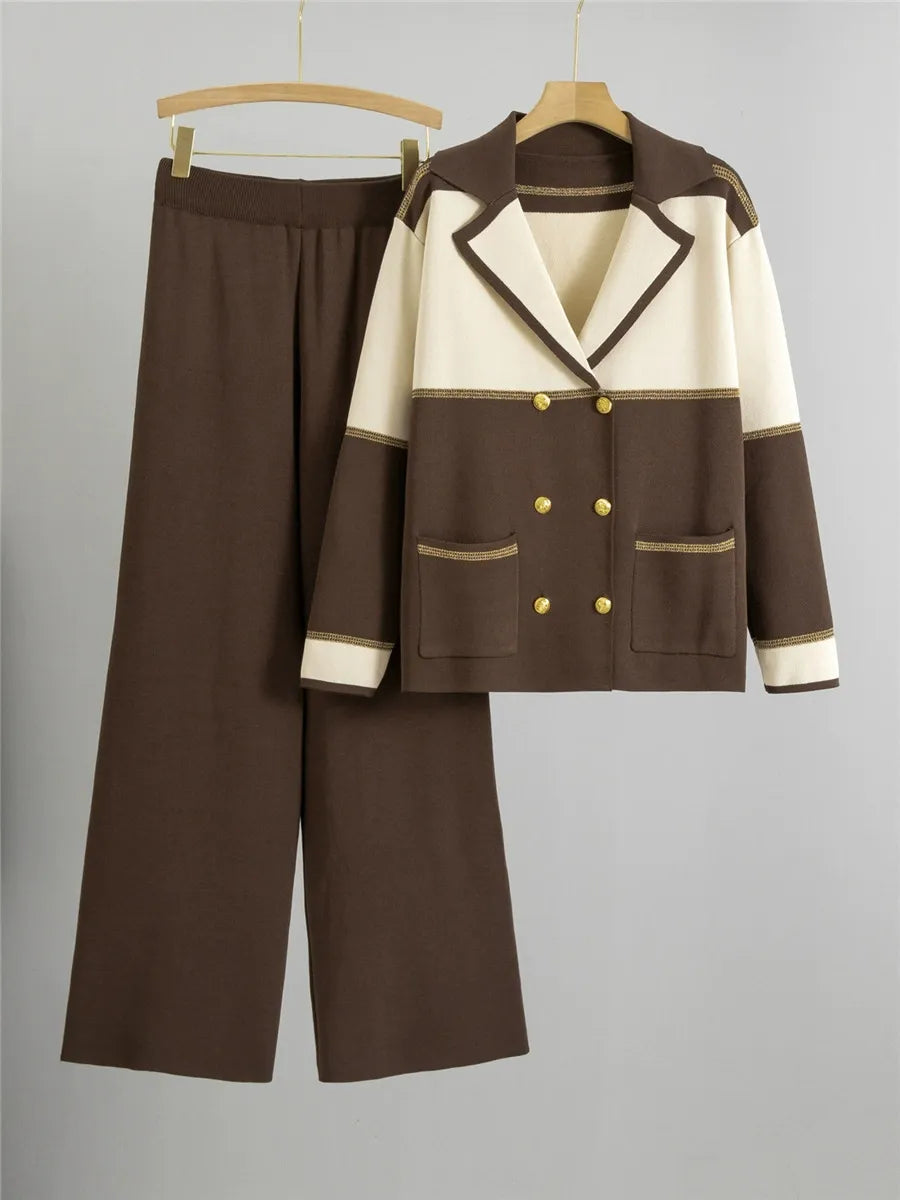 Two-Piece Knitted Double-Breasted Wide-Leg Suit Set