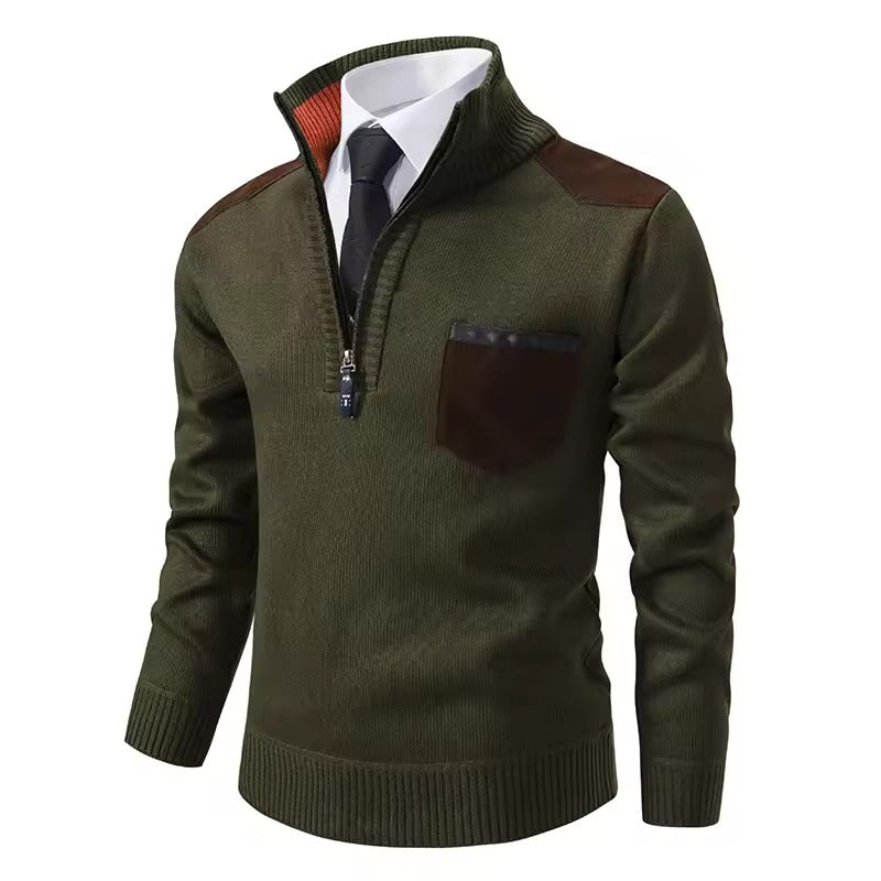 Half-Zip Patched Wool Knit Pullover Sweater