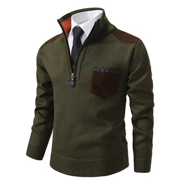 Half-Zip Patched Wool Knit Pullover Sweater