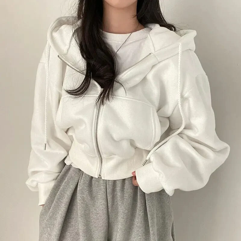 Oversized Cropped Soft Cotton Zip-Up Hoodie