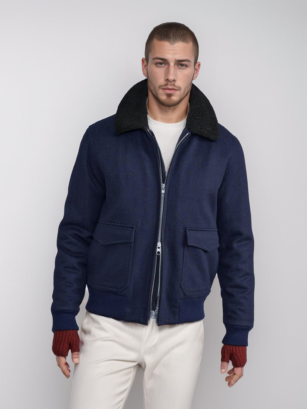 Shearling Collar Wool Blend Bomber Jacket