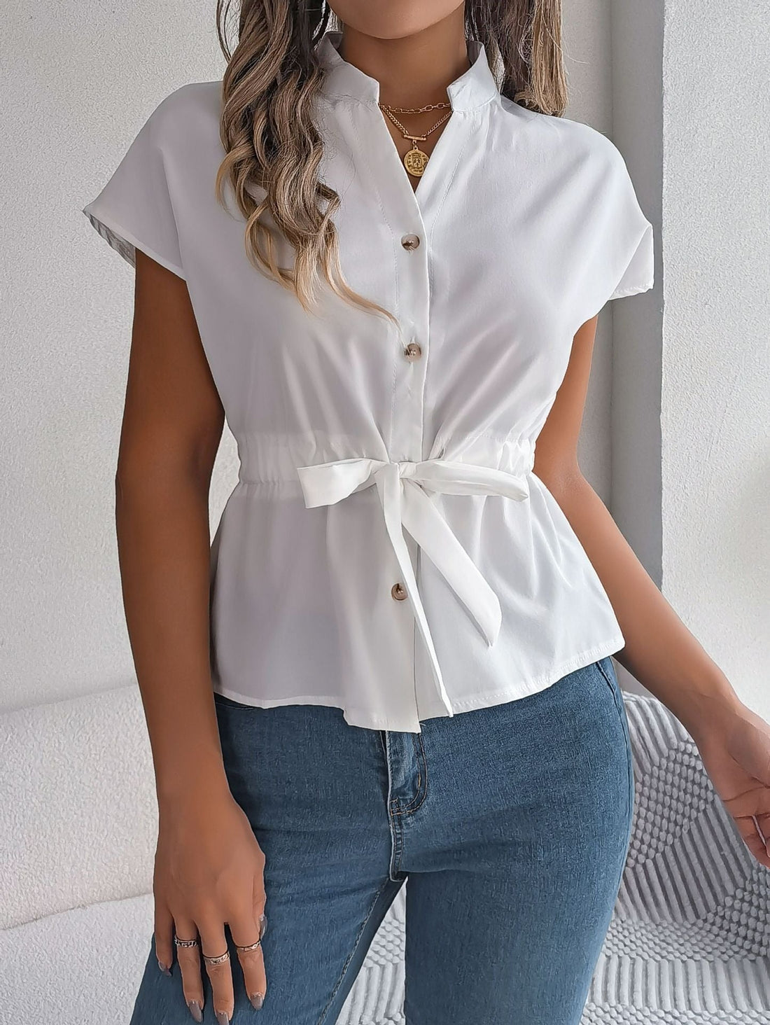 Cotton Blend Waist Tie Relaxed Short Sleeve Shirt