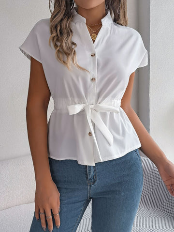 Cotton Blend Waist Tie Relaxed Short Sleeve Shirt