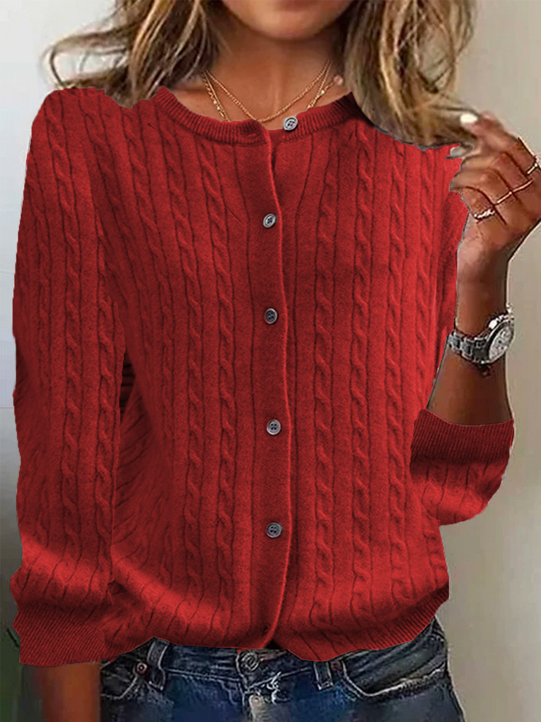 Wool Knit Cable Pattern Relaxed Fit Cardigan Sweater