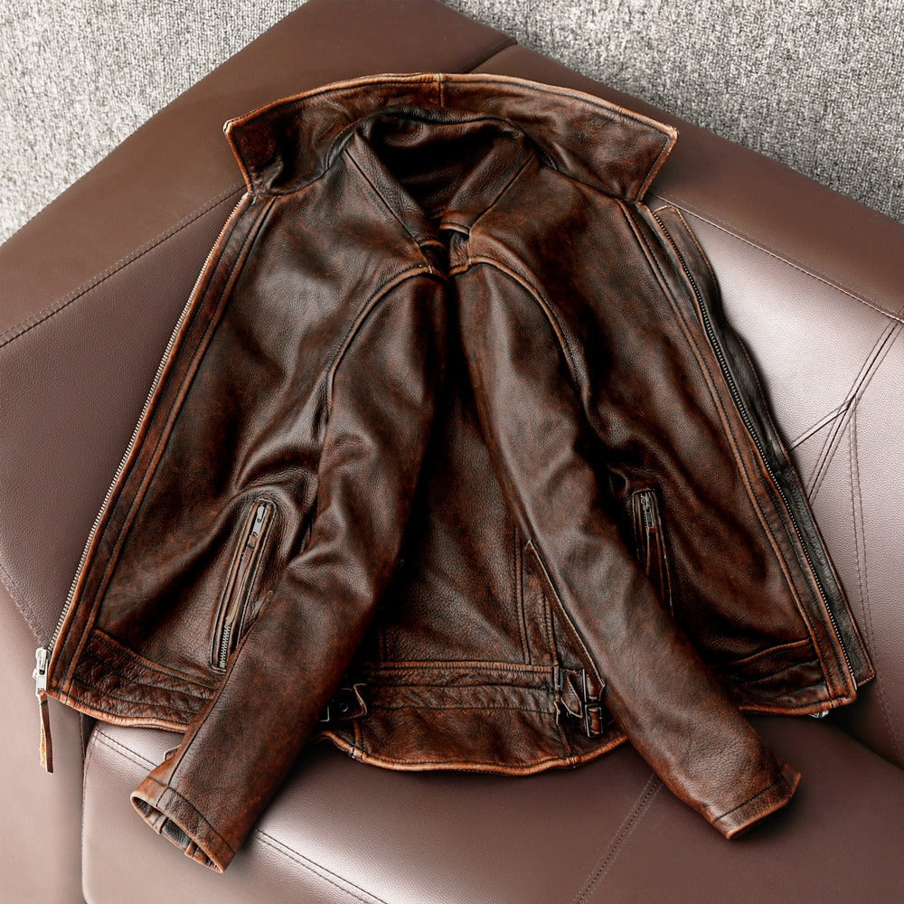 Quilted Distressed Regular Fit Leather Jacket