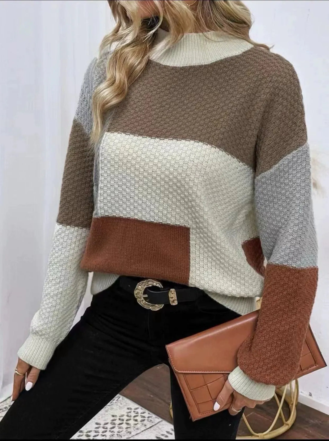 Textured Knit Patchwork Pullover Sweatshirt