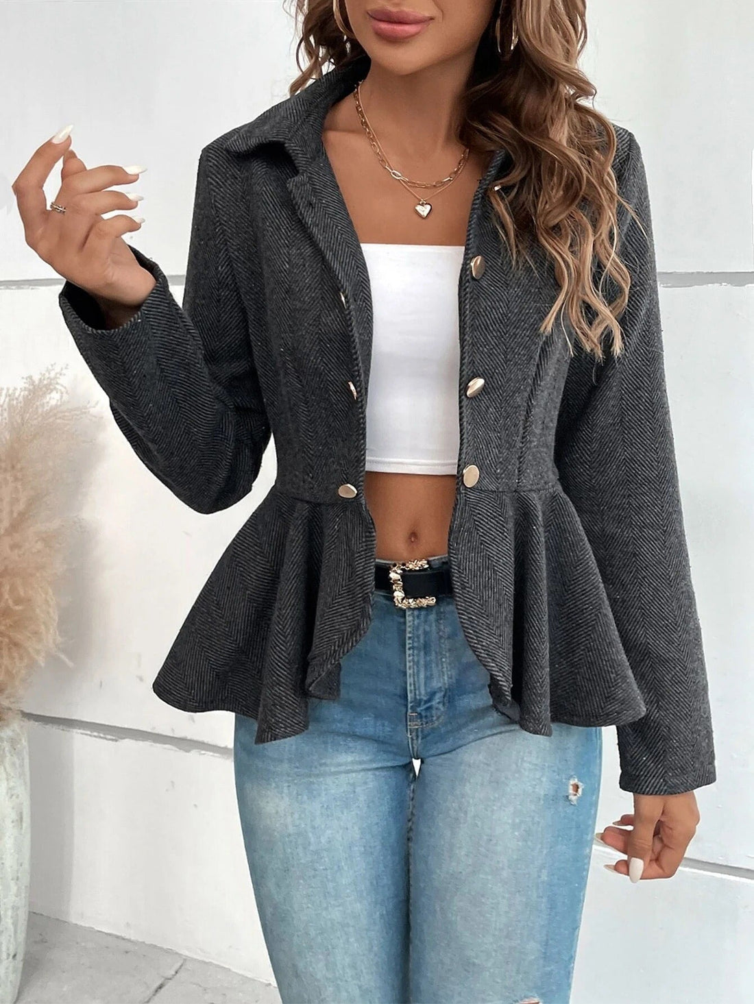 Jacquard Double-Breasted Peplum Suit Jacket