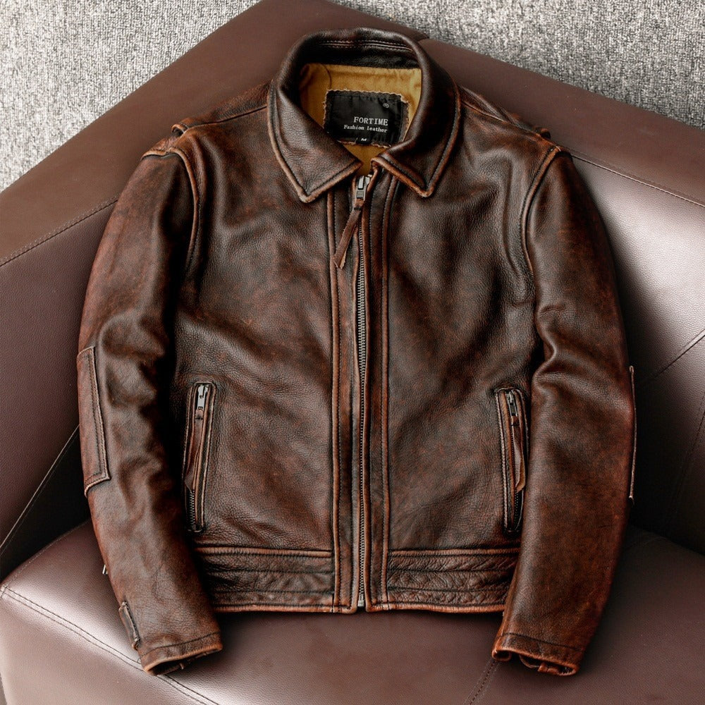 Quilted Distressed Regular Fit Leather Jacket