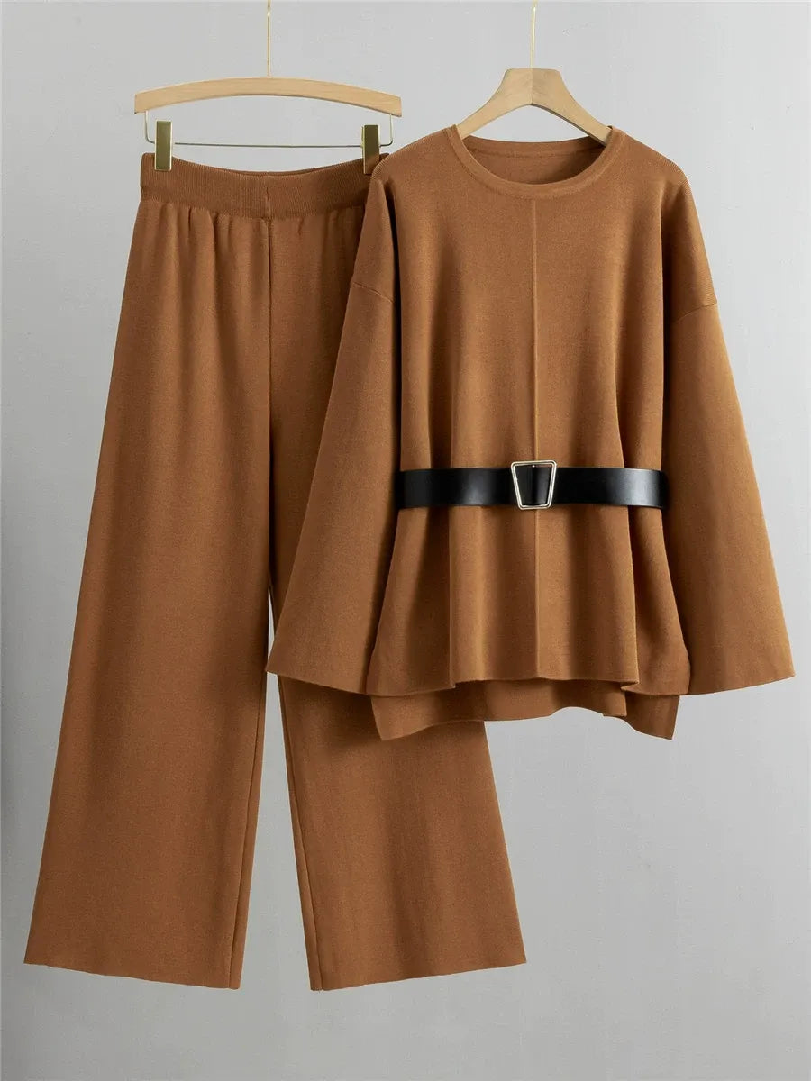 Knit Flared Sleeve Wide-Leg Two-Piece Suit
