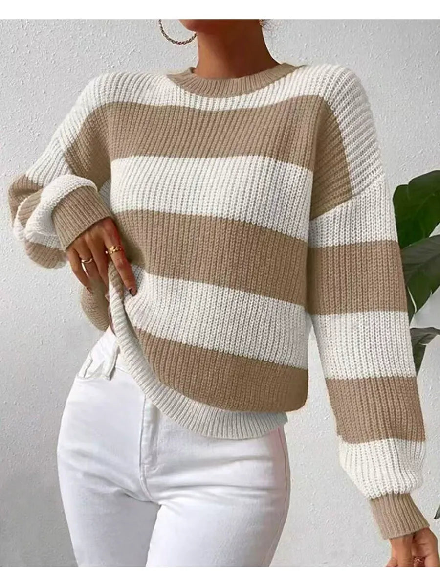 Striped Ribbed Knit Balloon Sleeve Sweatshirt
