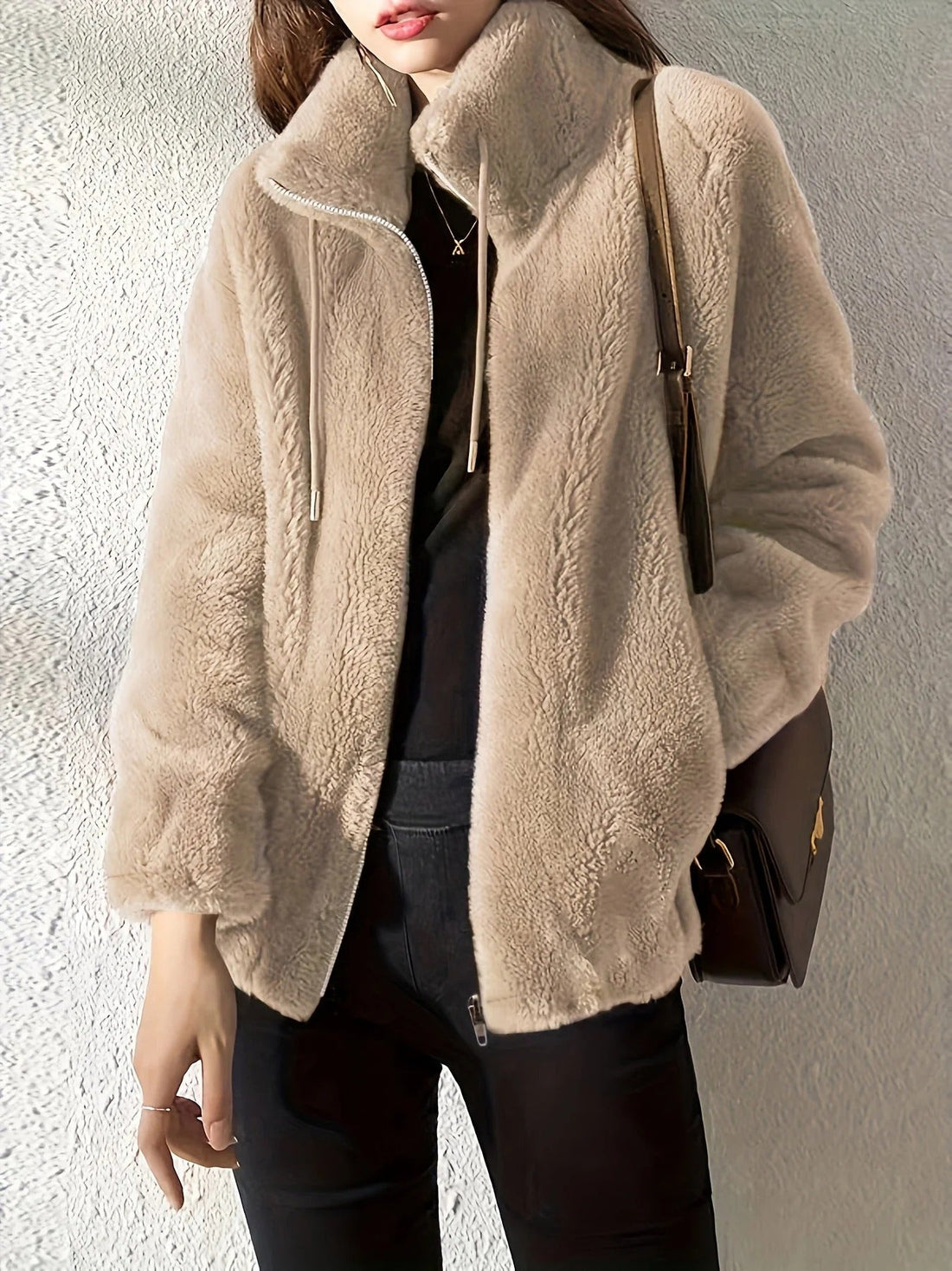 Plush Knit Stand-Up Collar Waist Length Jacket