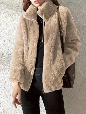 Plush Knit Stand-Up Collar Waist Length Jacket