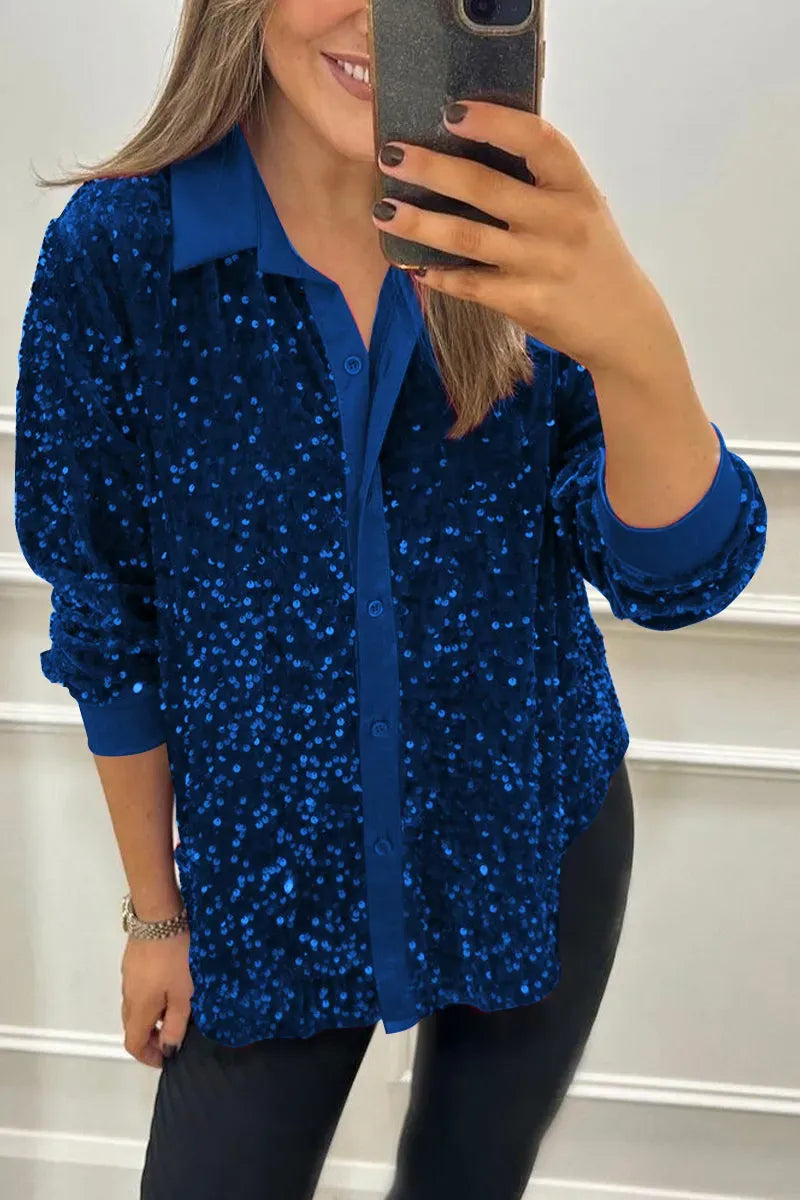 Sequin Relaxed Fit Button-Up Shirt