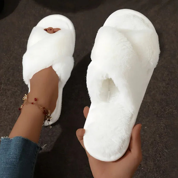 Women’s Slippers – Plush Crisscross Strap – Open Toe – Cozy Indoor Comfort