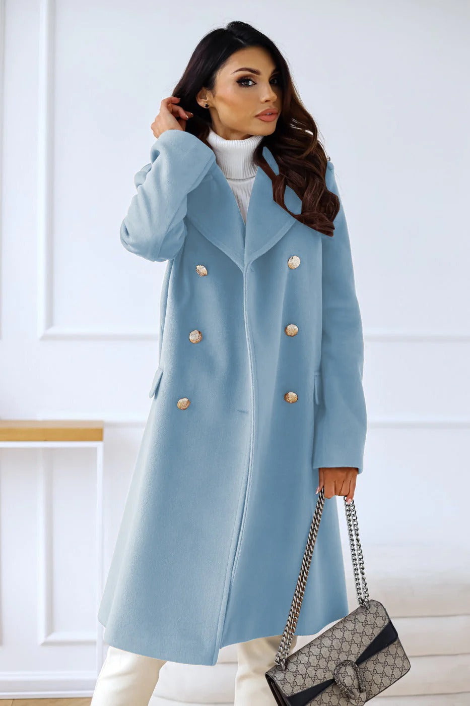 Wool Blend Double-Breasted Long Coat