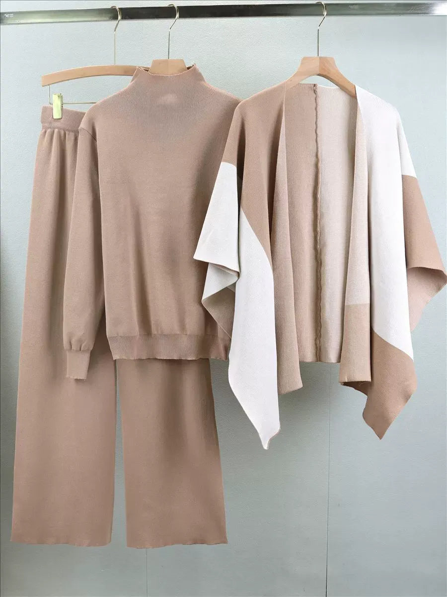 Knitted Cape Layer Wide-Leg Three-Piece Suit