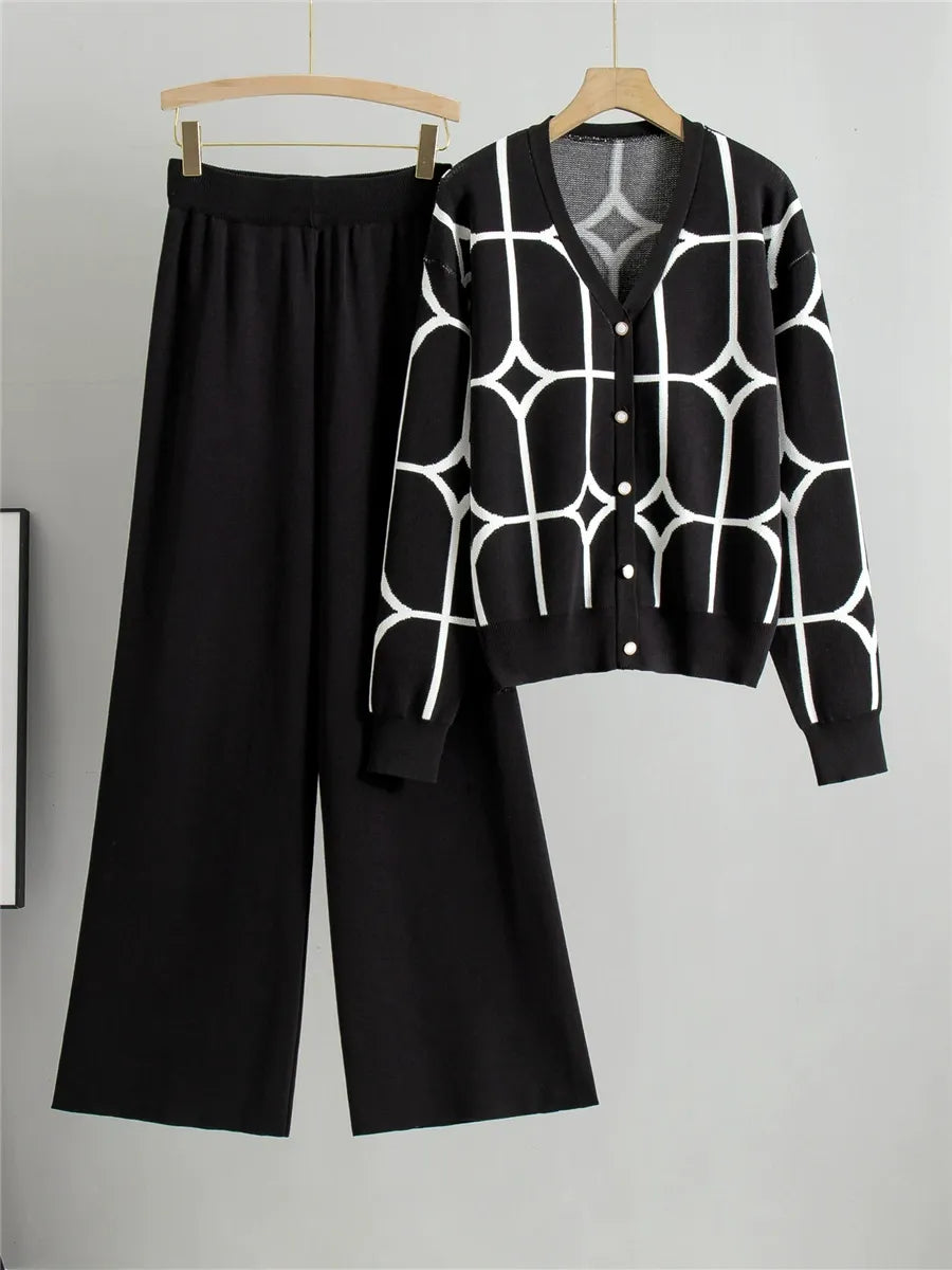 Twp-Piece Geometric Pattern Relaxed Cropped Knitted Cardigan Set