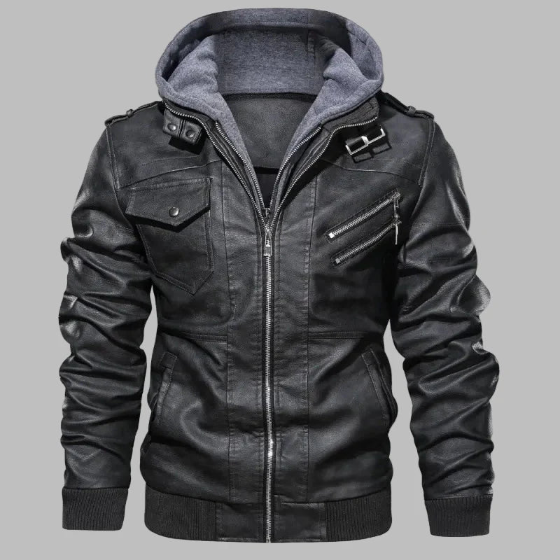 Detachable Hood Structured Fit Leather Jacket