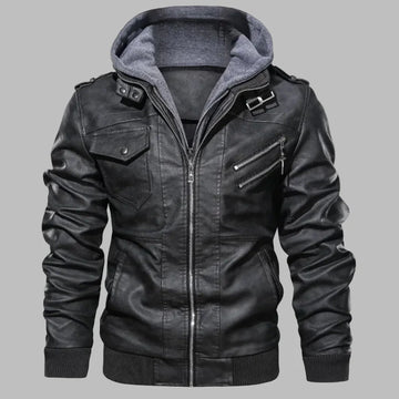 Detachable Hood Structured Fit Leather Jacket
