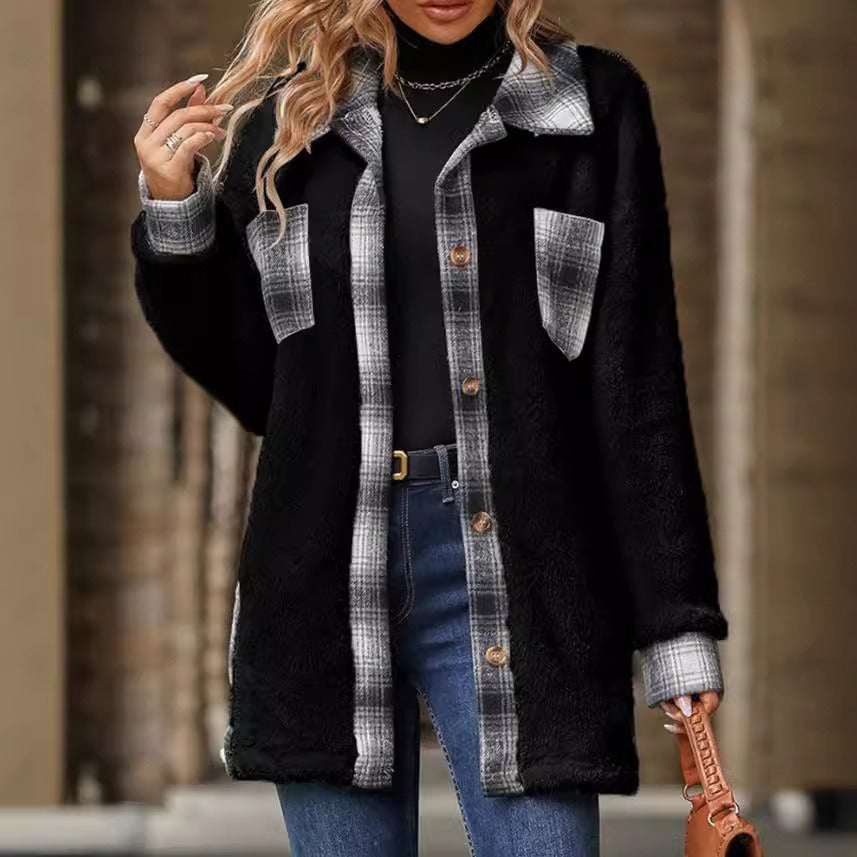 Plaid Trim Plush Fleece Shacket Jacket