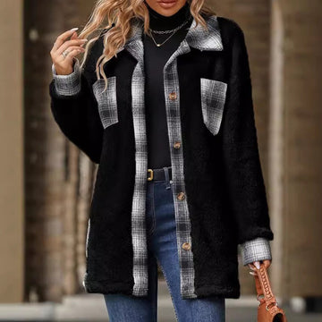 Plaid Trim Plush Fleece Shacket Jacket