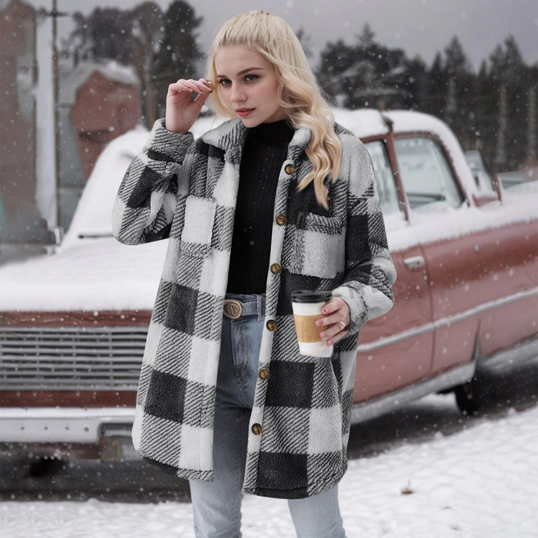 Fuzzy Plaid Oversized Relaxed Fit Cardigan