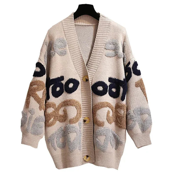 Wool Blend Letter Pattern Oversized Cardigan