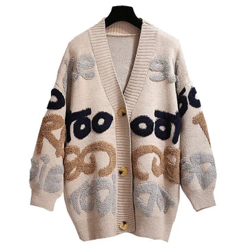 Wool Blend Letter Pattern Oversized Cardigan