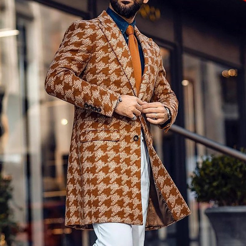 Tailored Geometric Pattern Wool Blend Trench Coat