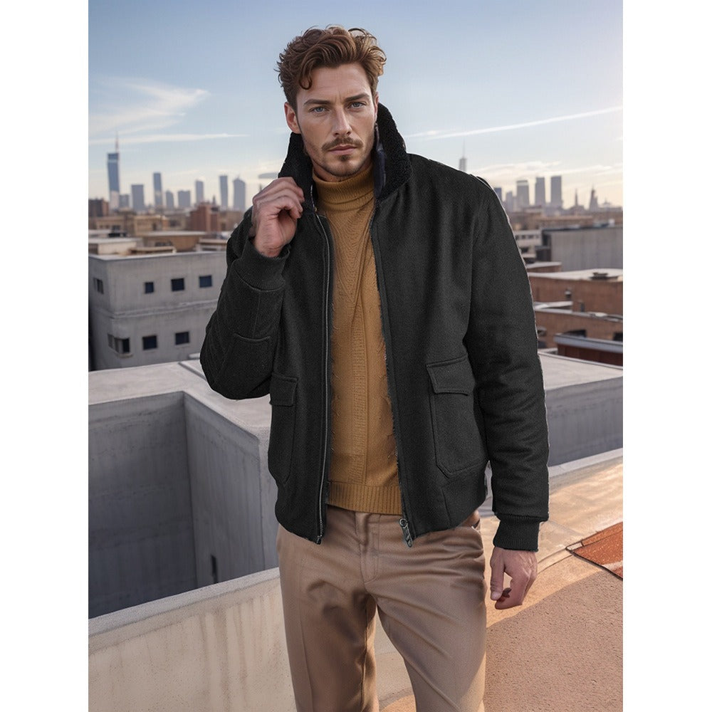 Shearling Collar Wool Blend Bomber Jacket