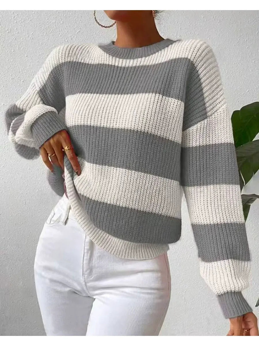 Striped Ribbed Knit Balloon Sleeve Sweatshirt
