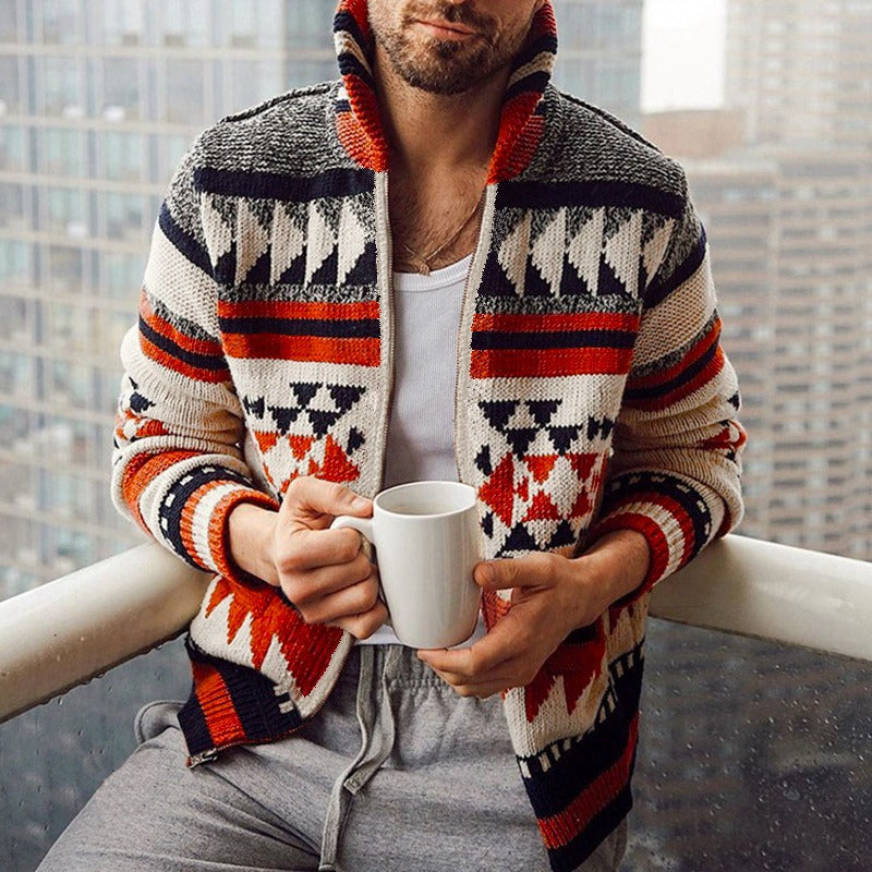 Jacquard Wool Blend Shawl Collar Cardigan Jacket