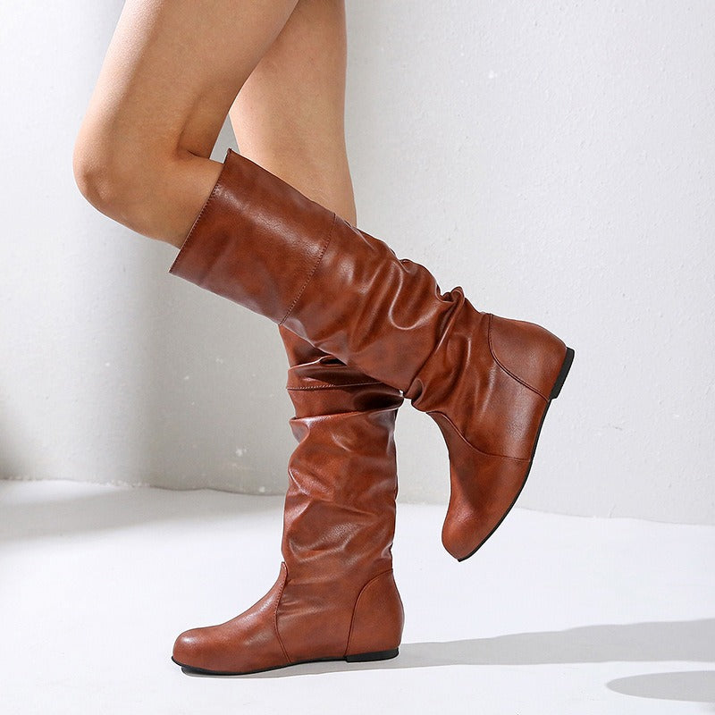 Faux Leather Slouchy Ruched Boots