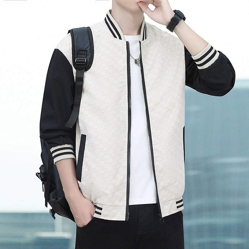 Two-Tone Ribbed Trim Baseball Collar Jacket